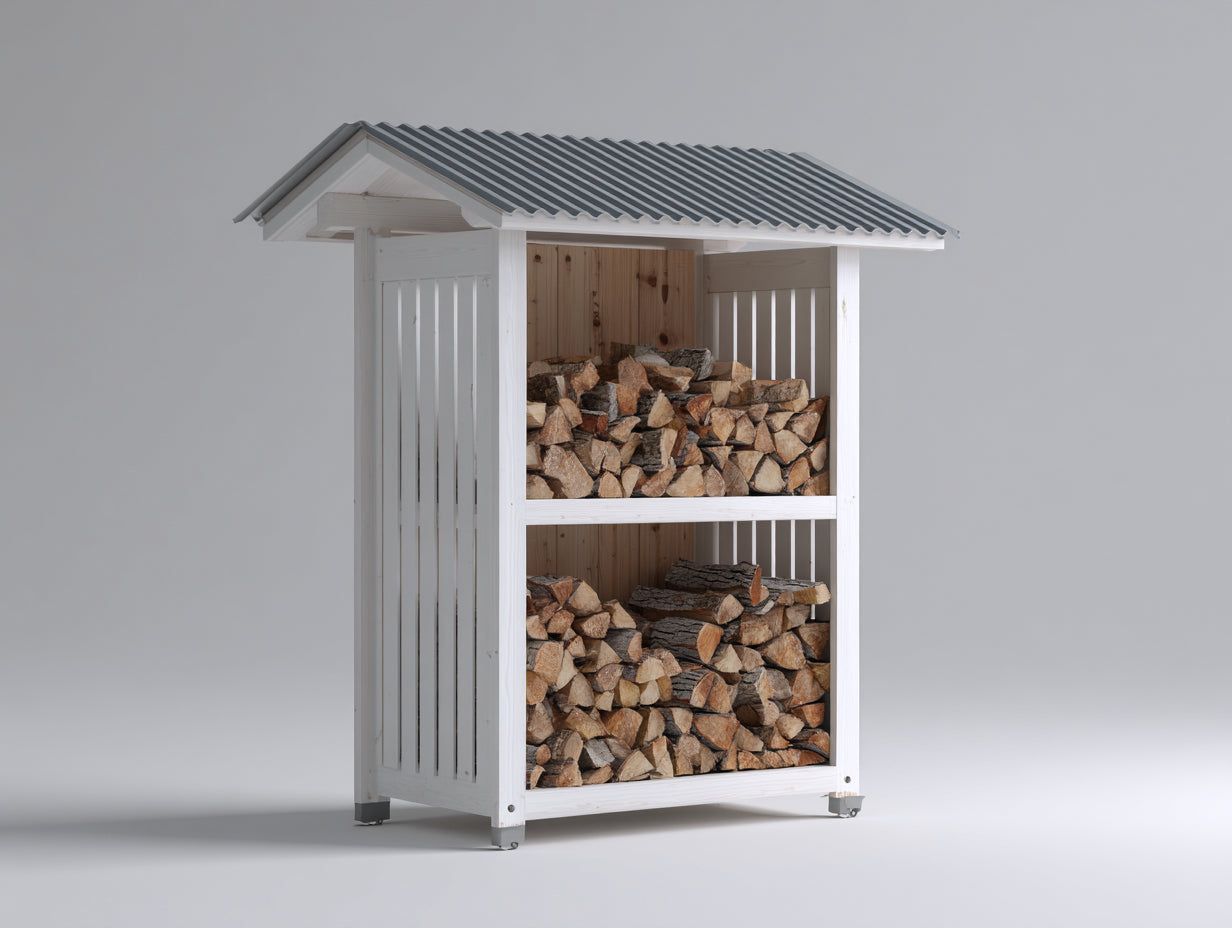 Kaminholzregal Holz und Stahl 100x60x180 cm - Weiß Grau und Natur - Zweistöckiges Brennholzregal mit Satteldach für den Außenbereich