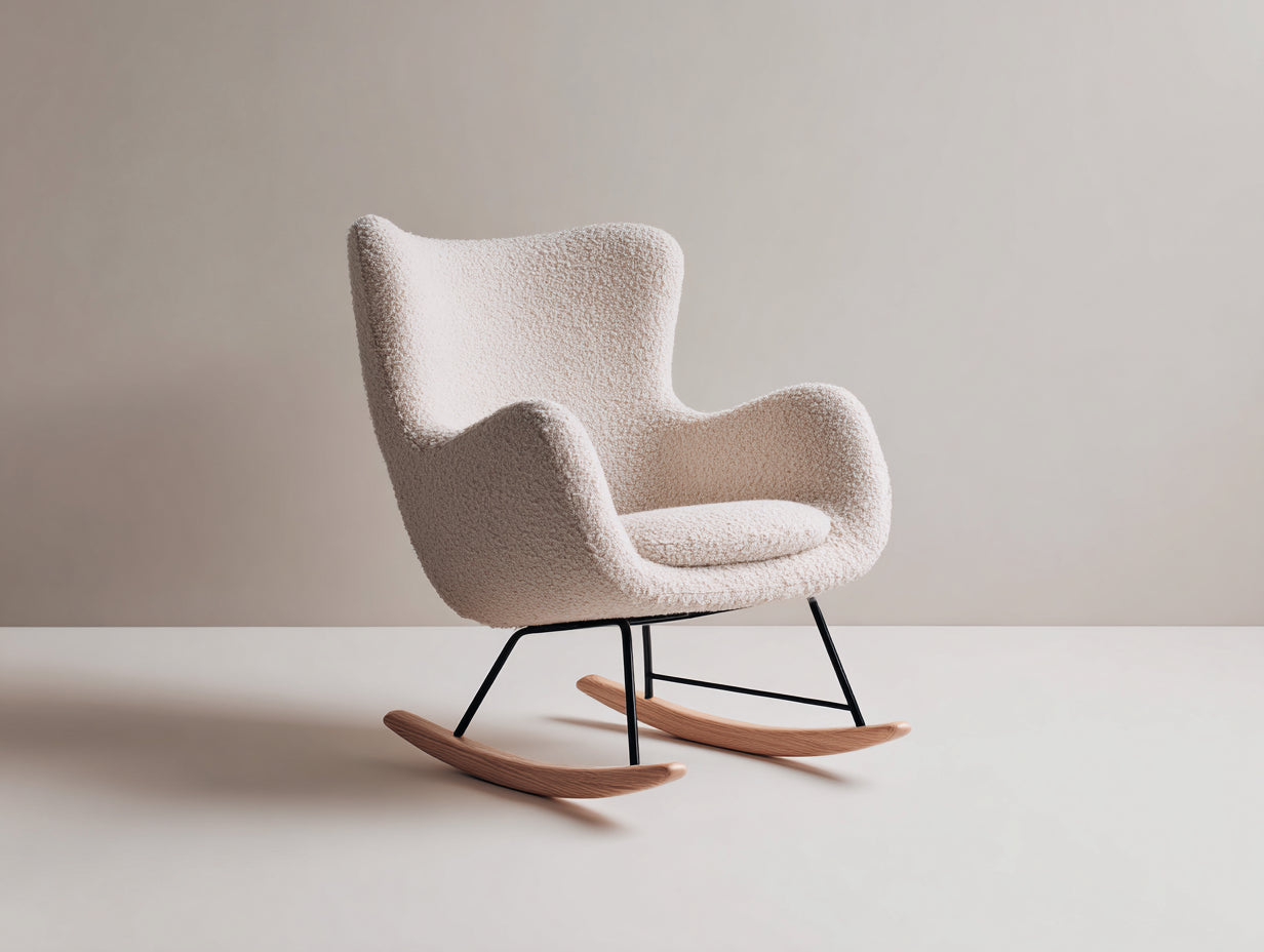 Schaukelstühle Bouclé Stoff 98x78x96 cm Cremeweiß-Natur-Schwarz für Wohnzimmer - moderner Schaukelstuhl mit Holzkufen