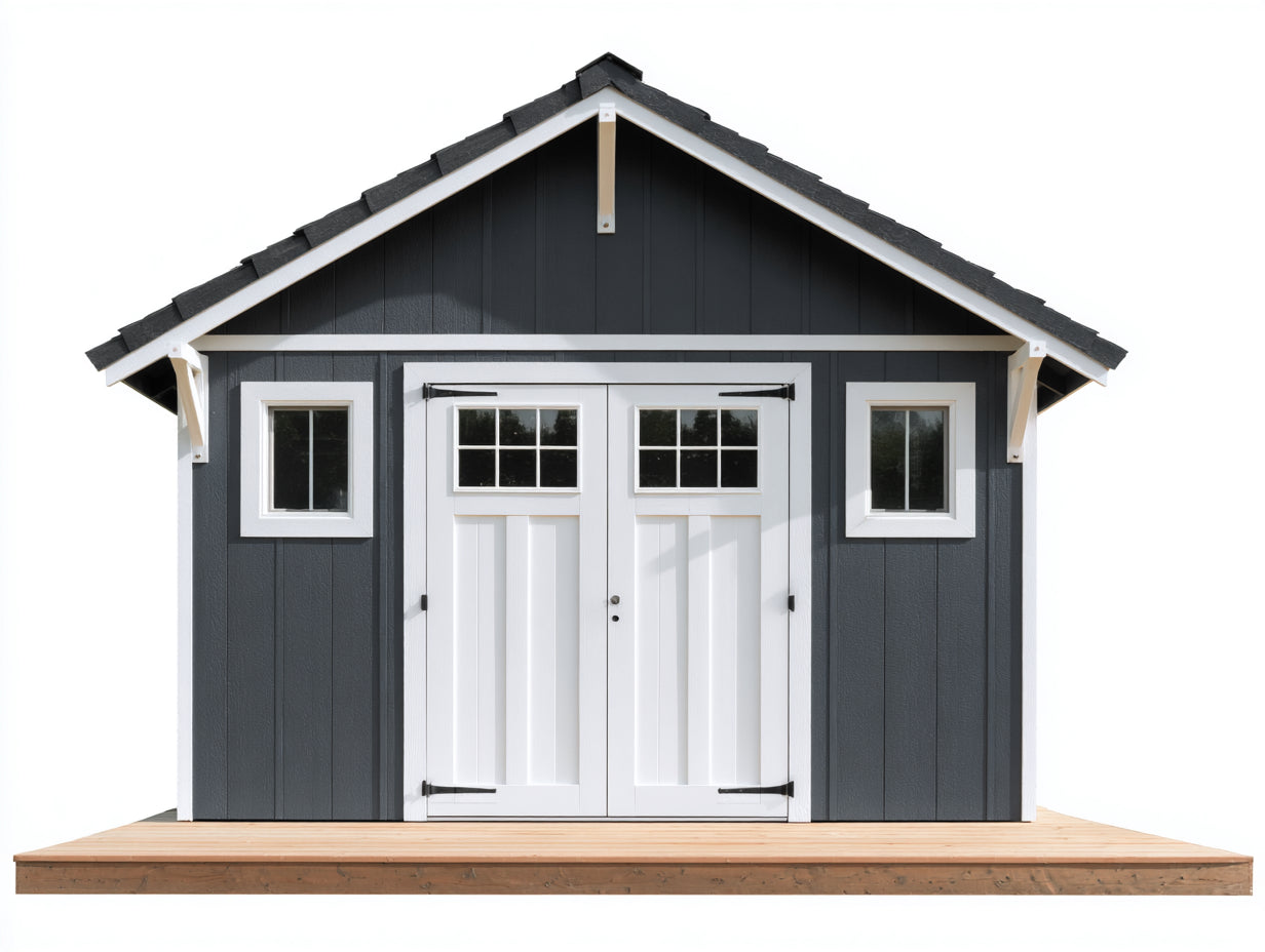 Gartenhäuser Holz 420x300x285 cm Anthrazit-Weiß-Natur-Schwarz für Garten - Gerätehaus mit Satteldach und Doppeltür