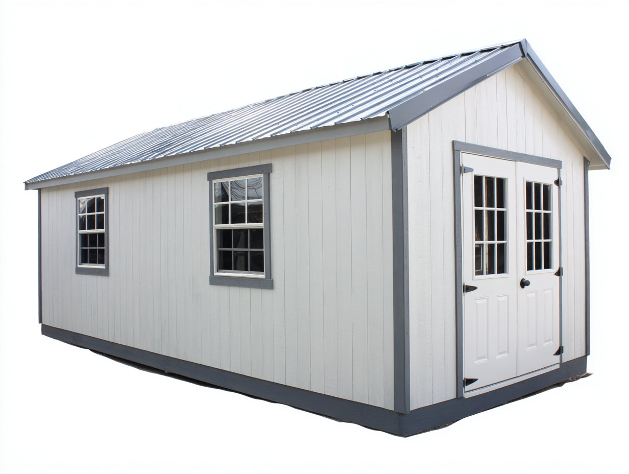 Gartenhäuser Holzwerkstoff und Stahl 400x300x260 cm - Weiß Anthrazit und Silber - Gerätehaus mit Doppeltür Fenstern und Satteldach