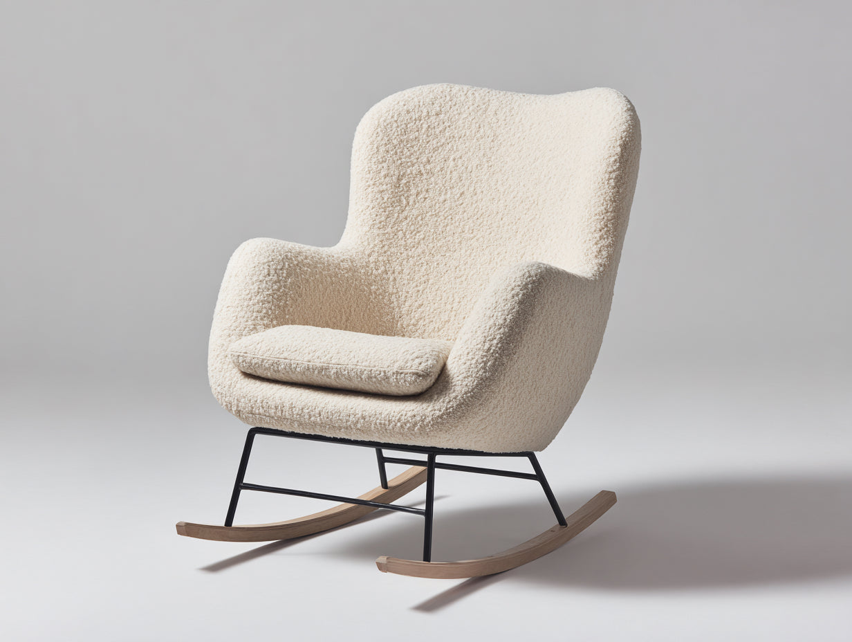 Schaukelstühle Teddystoff 75x92x104 cm - Creme Schwarz Natur - hoher Sessel mit Holzkufen