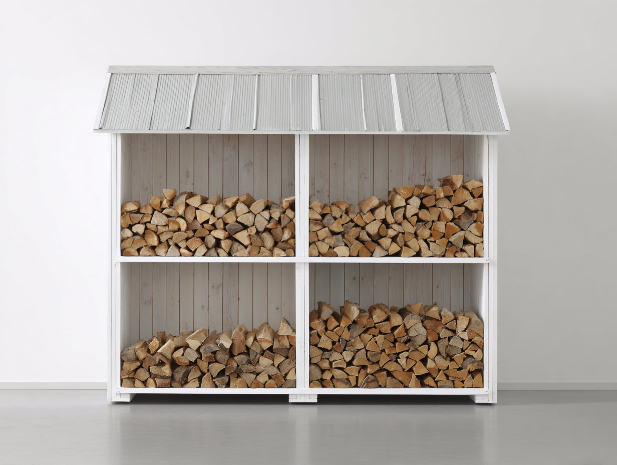 Kaminholzregal Holz 240x55x210 cm - Weiß-Grau - überdachtes Brennholzlager für Garten