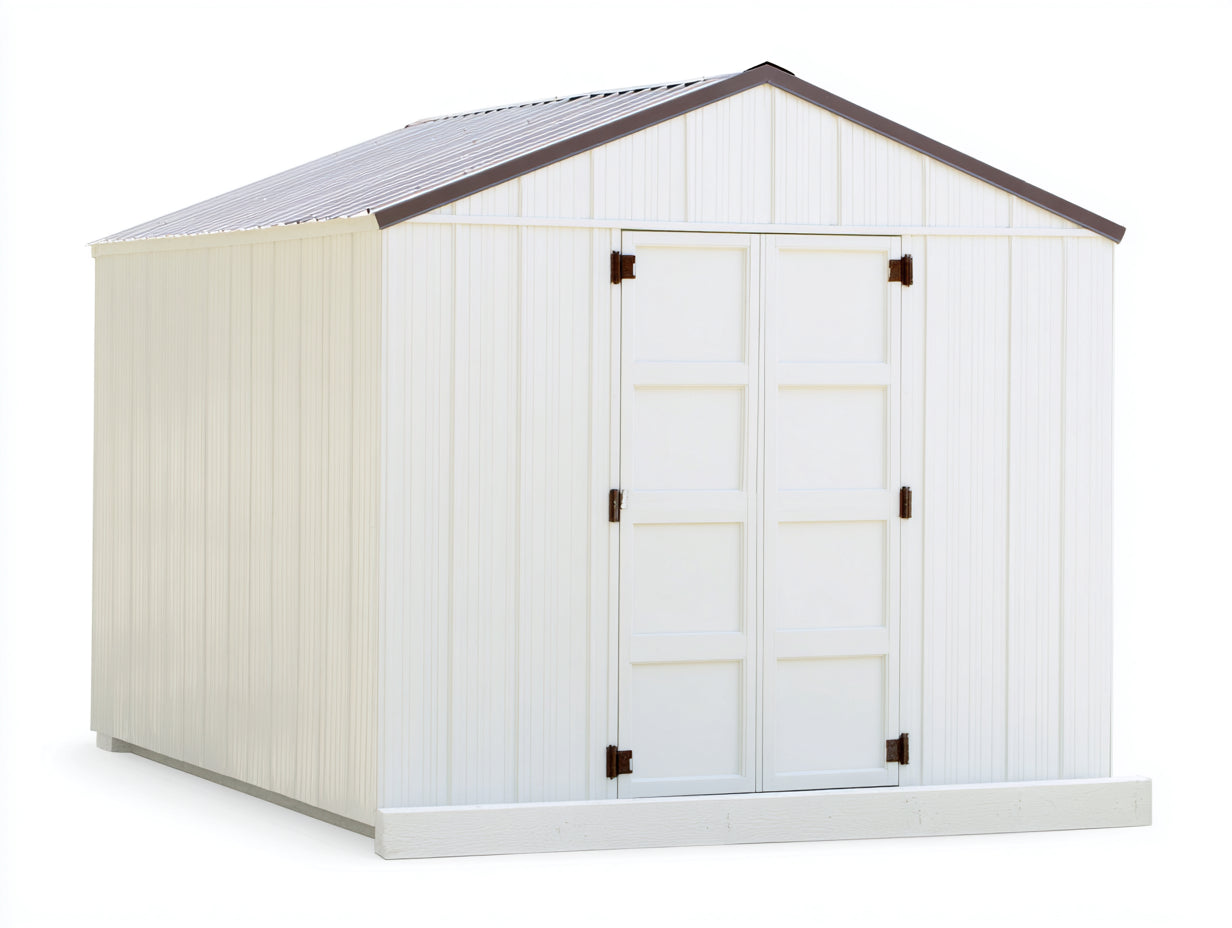Gartenhäuser Metall 400x300x235 cm Weiß-Grau-Braun für Garten - Gerätehaus mit Satteldach und Doppeltür