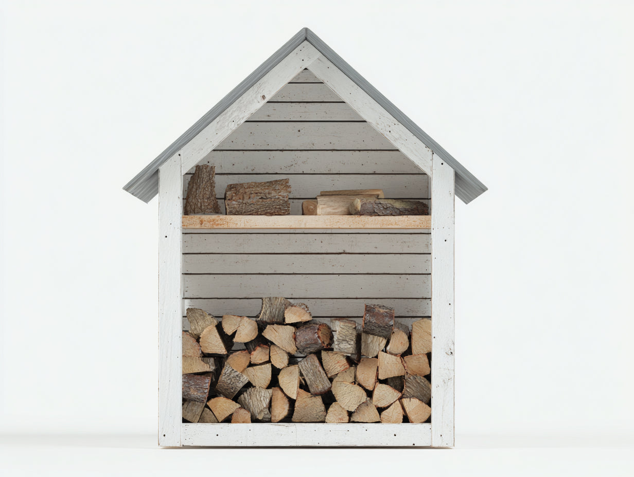 Kaminholzregal Holz 110x45x165 cm - Weiß-Grau - Hausform mit Ablagefach