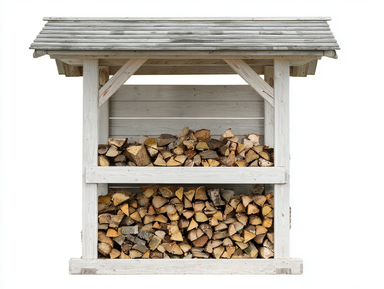 Kaminholzregal Holzstruktur 170x65x190 cm - Weiß Natur Grau - überdachtes Regal mit 2 Ebenen