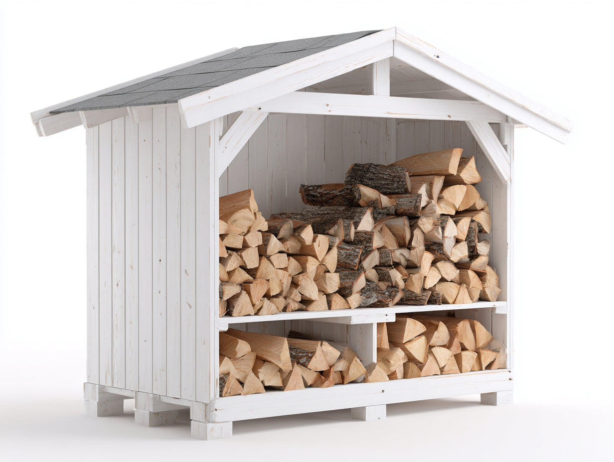 Kaminholzregal Holz 200x80x170 cm Weiß-Grau für Garten - überdachtes Holzlager mit 2 Ebenen