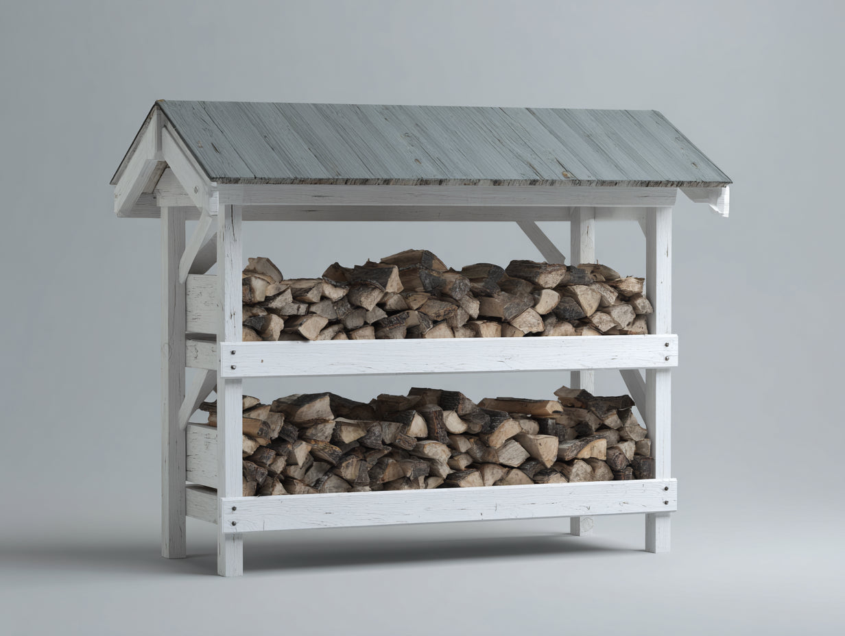 Kaminholzregal Holz 150x60x170 cm - Weiß und Grau - Zweistöckiges Brennholzregal mit Satteldach für den Außenbereich