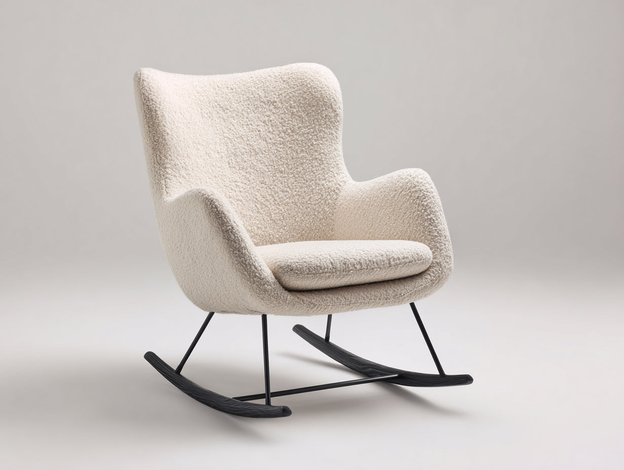Schaukelstühle Teddystoff 74x91x103 cm - Creme Schwarz - gepolsterter Ohrensessel mit dunklen Kufen