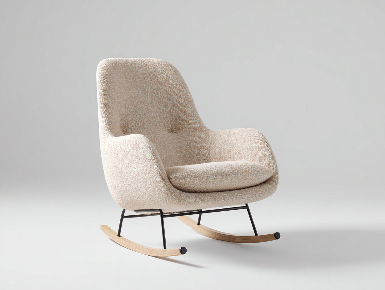 Schaukelstühle Bouclé-Stoff Cremeweiß 72x90x96 cm - helle Holzschienen - gepolsterter Relaxsessel