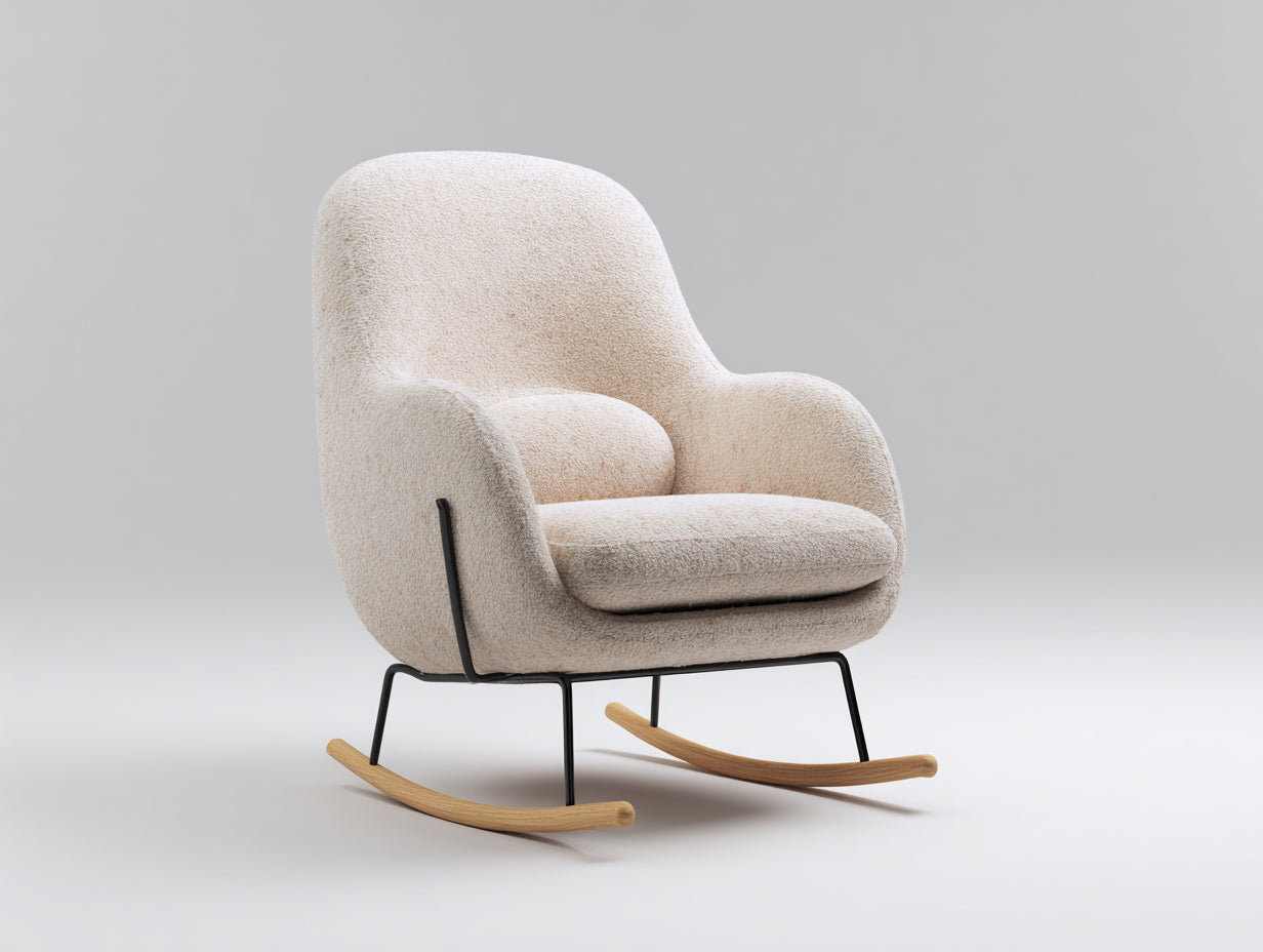 Schaukelstühle Bouclé-Stoff Cremeweiß 72x88x96 cm - helle Holzschienen - gepolsterter Relaxsessel